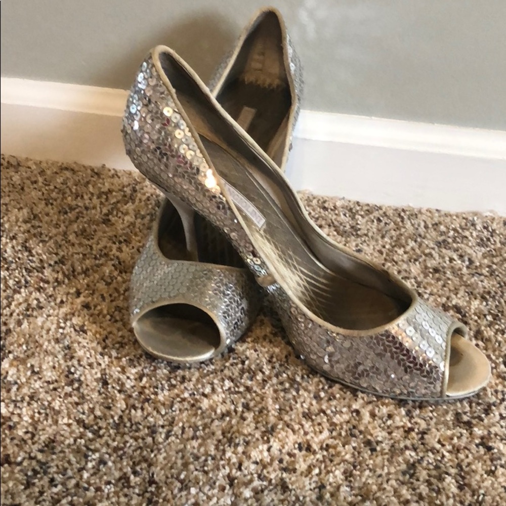 Well loved Enzo Angiolini silver sequined heels!